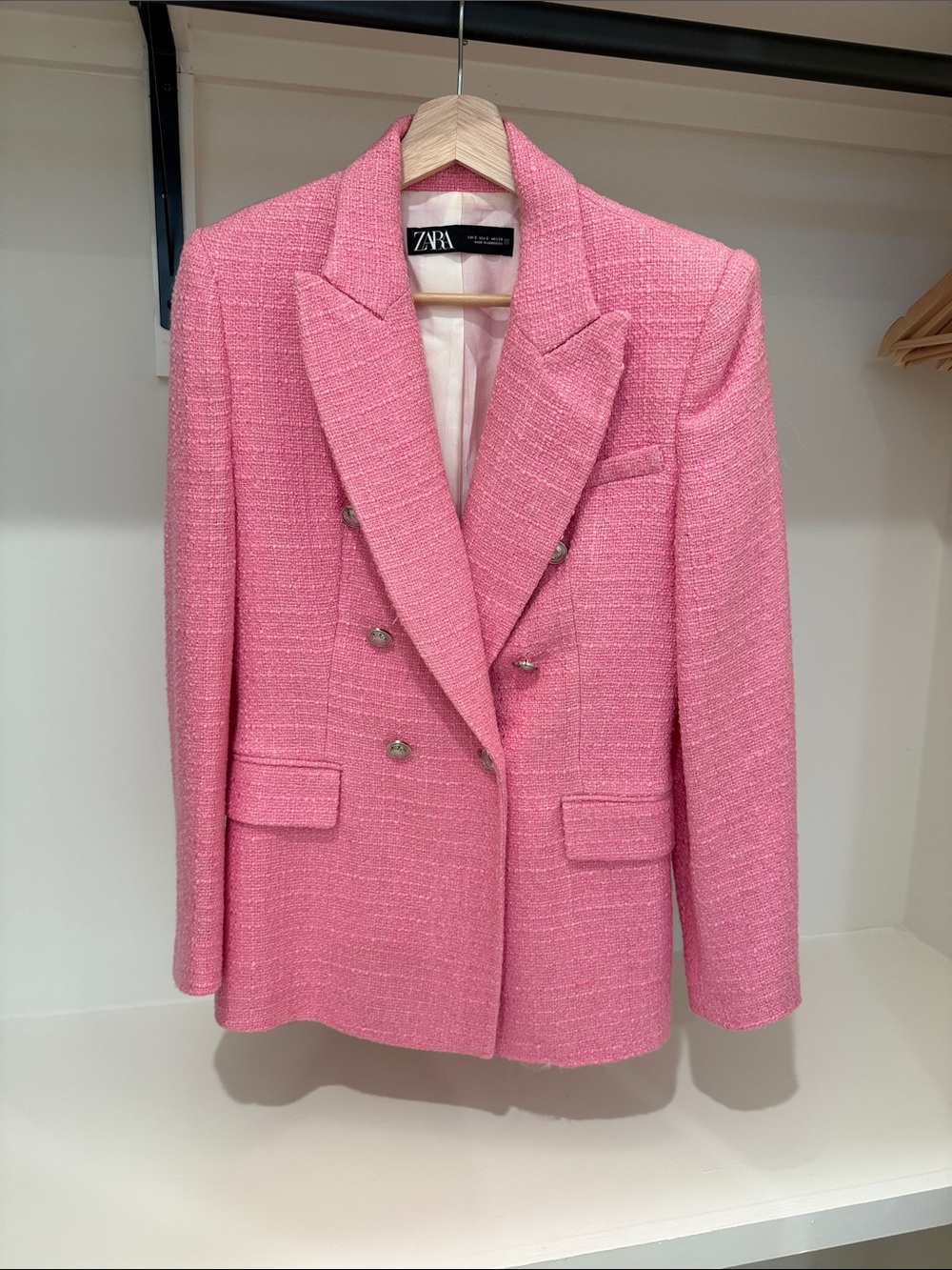 Zara Pink Double-Breasted Tweed Blazer